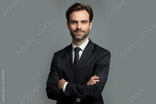 Adult successful confident employee business man corporate lawyer wear classic formal black suit shirt tie work in office hold hands crossed folded look camera isolated on plain grey background studio