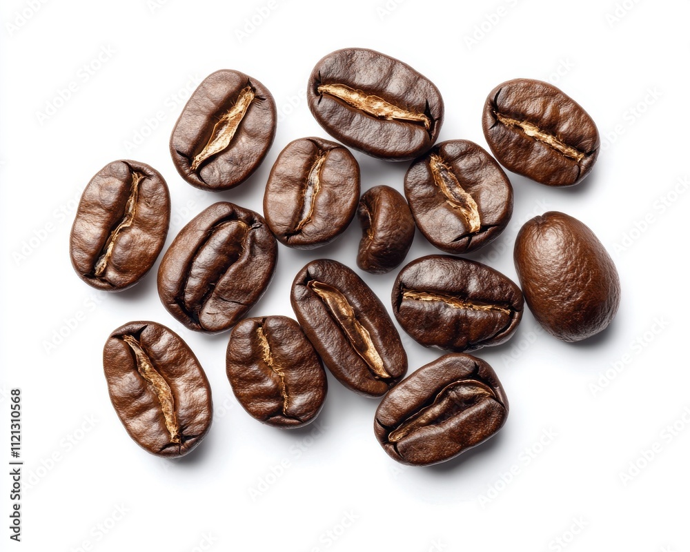 A close up of coffee beans with the beans spread out on a white background A close up of coffee beans with the beans spread out on a white background