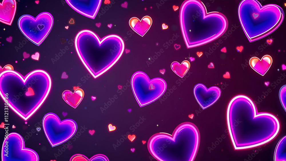 Purple neon valentine heart background. Neon hearts flying background. Colorful hearts flying background Purple neon valentine heart background. Neon hearts flying background. Colorful hearts flying background