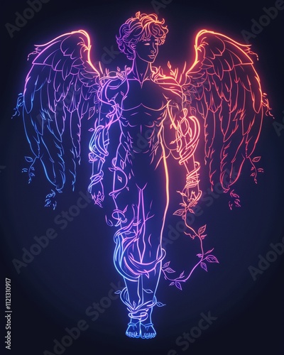 Illuminated neon outline of a winged angel glowing in blue against a dark backdrop photo