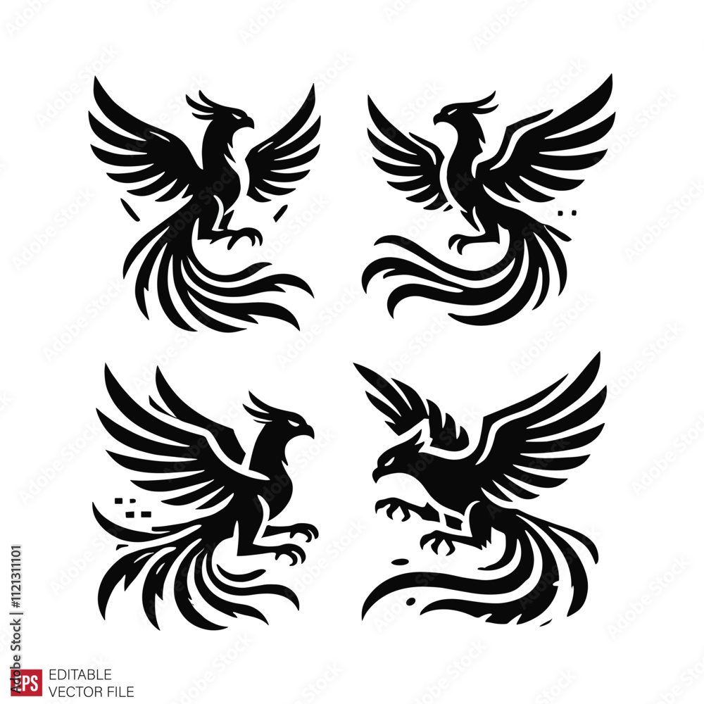 Fototapeta premium set of various phoenix tattoo Silhouettes Black and White Illustration Designs on White Background