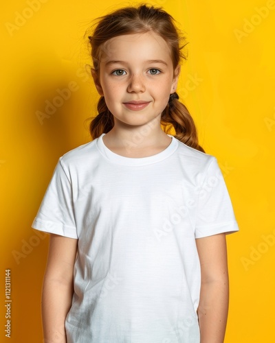 Studio portrait of toddler girl in plain white t shirt against bright yellow background