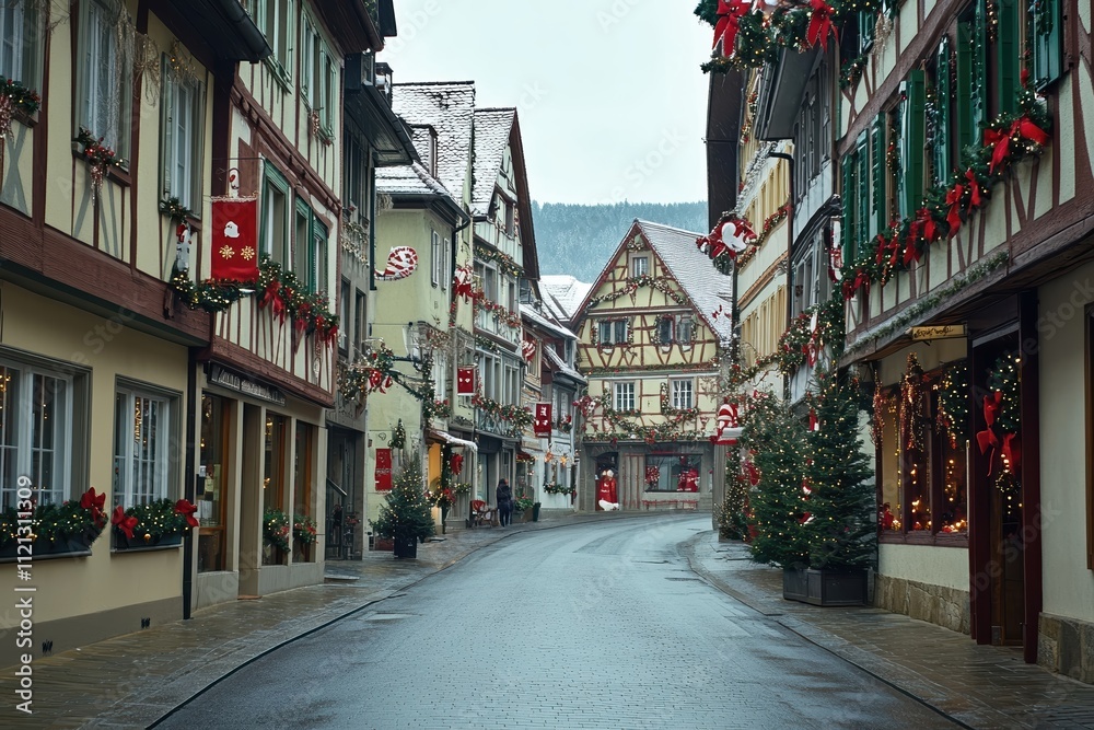Fototapeta premium Explore a charming European Christmas street adorned with festive decorations and winter beauty
