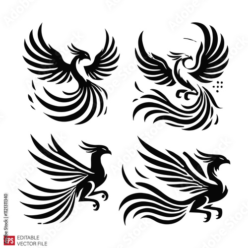 set of various phoenix tattoo Silhouettes Black and White Illustration Designs on White Background