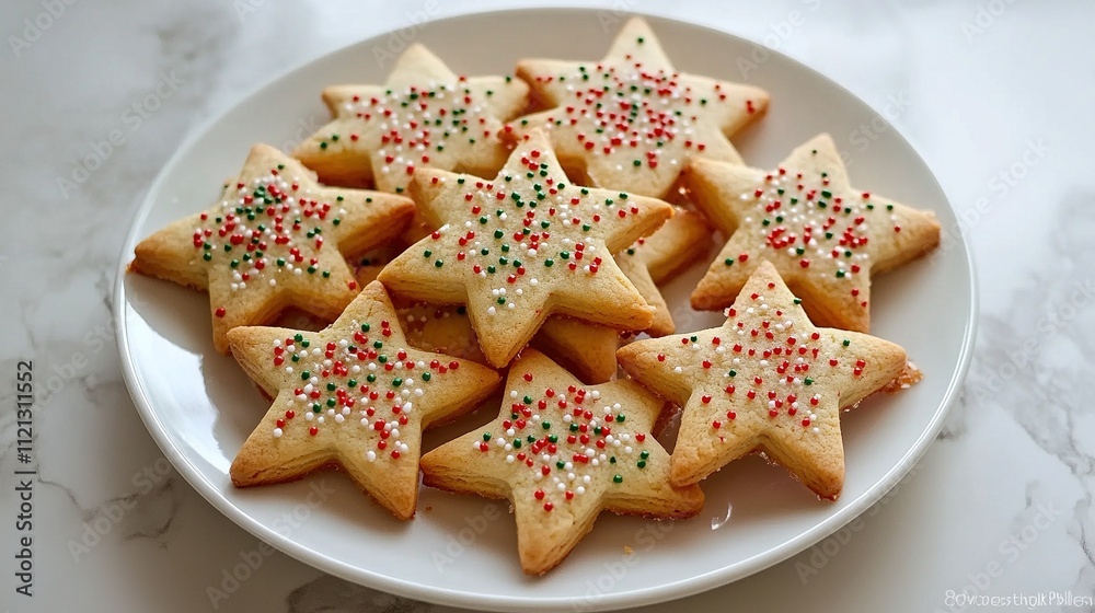 Delicious and festive Christmas star shape cookies on a white plate with red and green sprinkles Delicious and festive Christmas star shape cookies on a white plate with red and green sprinkles