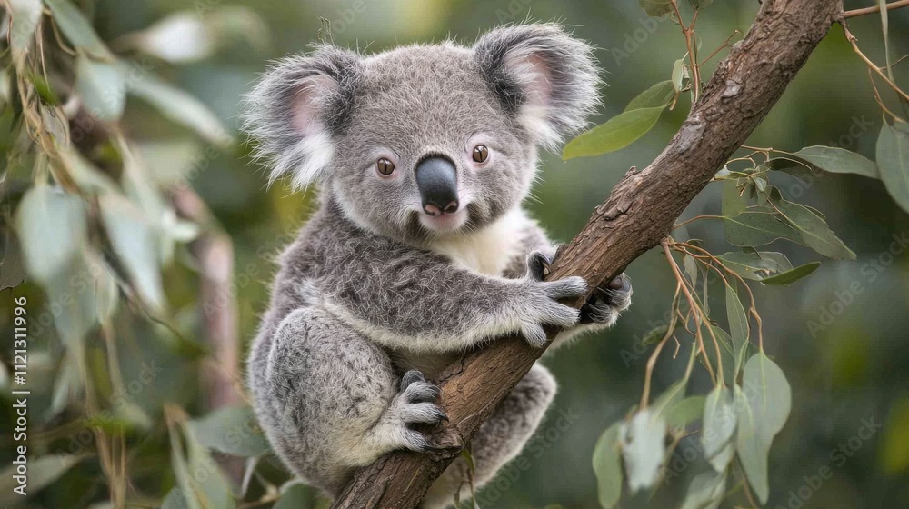 Naklejka premium A cute koala lounges comfortably on a sturdy tree branch, its fluffy ears and big nose adding charm to the serene Australian landscape