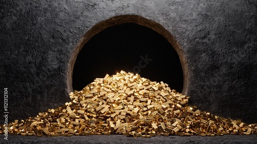 Economic wealth windfall concept. A treasure of gold coins spilling from a dark tunnel against a textured background. photo