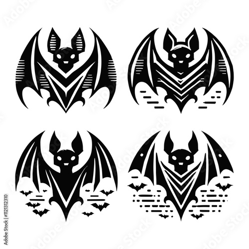 set of various flaying bat logo Silhouettes Black and White Illustration Designs on White Background