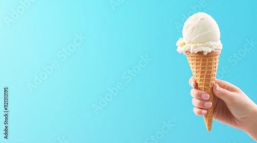 A hand holding a cone of ice cream against a blue background. photo