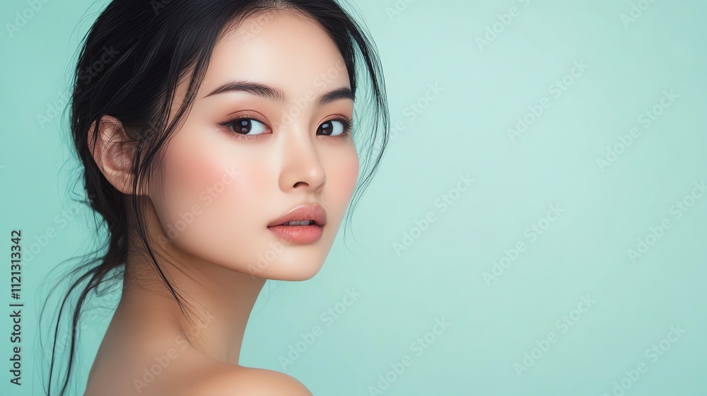 Naklejka premium A young woman with flawless skin and dark hair looks over her shoulder toward the camera.