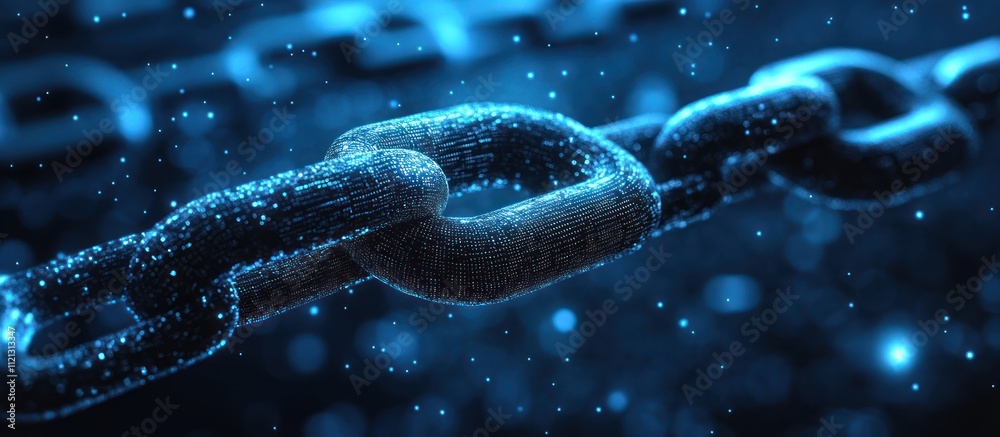 A close-up of a metal chain link with blue particles surrounding it. A close-up of a metal chain link with blue particles surrounding it.