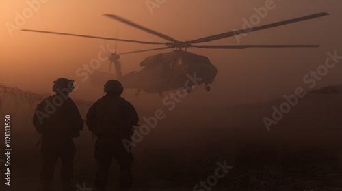 Helicopter with Marines Against a Middle East Background - Military Operation in a Desert Landscape with a Focus on Air Support