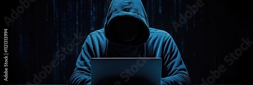 Cyber criminal working under low light conditions to disrupt digital security measures photo