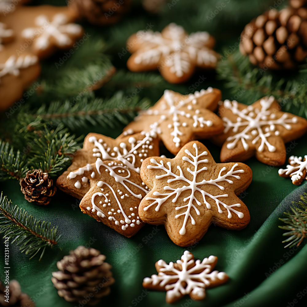 Festive Holiday Cookie Arrangement with Intricate Icing Designs Surrounded by Pine Cones and Greenery Perfect for Seasonal Celebrations and Winter Festivities Festive Holiday Cookie Arrangement with Intricate Icing Designs Surrounded by Pine Cones and Greenery Perfect for Seasonal Celebrations and Winter Festivities