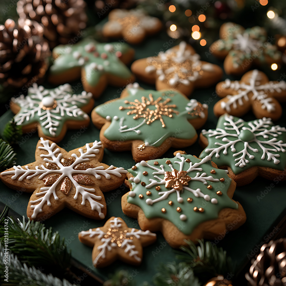 Festive Close-Up of Decorative Holiday Cookies Featuring Intricate Frosting Designs and Seasonal Colors on a Stylish Green Background Festive Close-Up of Decorative Holiday Cookies Featuring Intricate Frosting Designs and Seasonal Colors on a Stylish Green Background