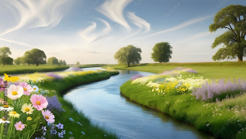 AI GENERATE, A winding river through a quiet countryside, with pastel wildflowers along the banks AI GENERATE, A winding river through a quiet countryside, with pastel wildflowers along the banks