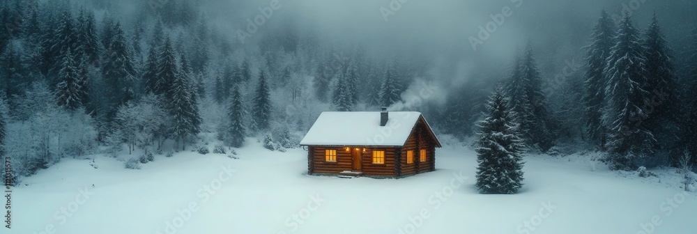 Serene Winter Retreat in Snowy Forest with Glowing Cabin Serene Winter Retreat in Snowy Forest with Glowing Cabin