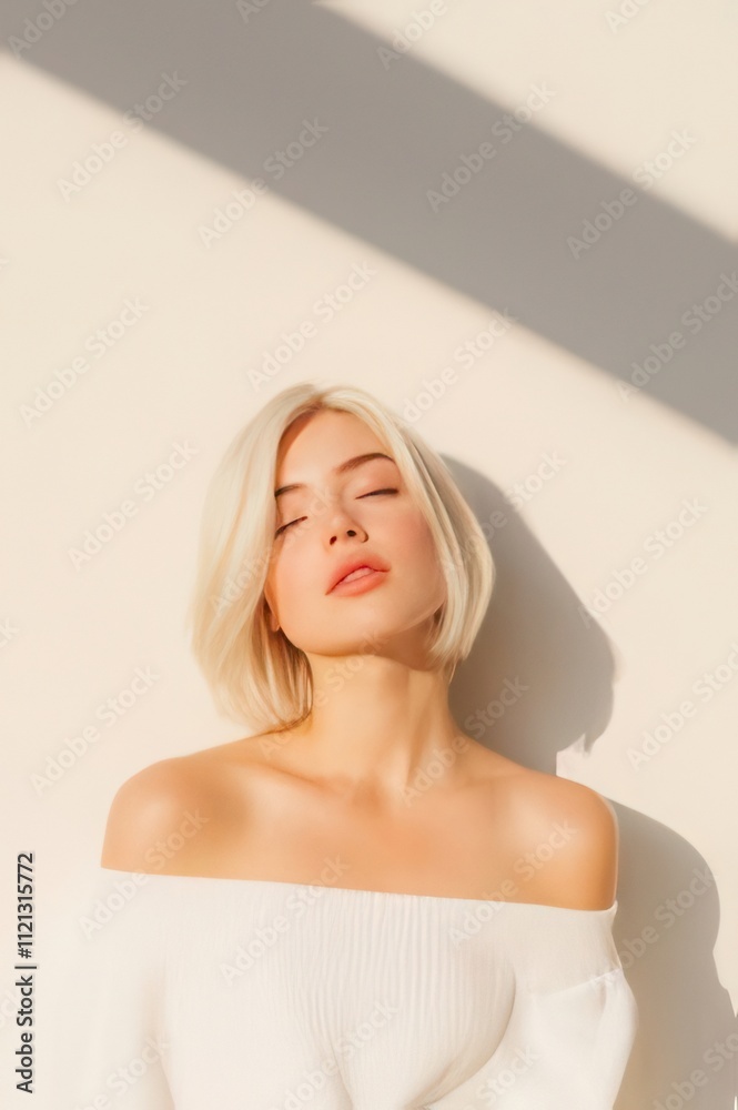 Blonde woman with bob haircut, off-shoulder sweater, sunlight shadow. Blonde woman with bob haircut, off-shoulder sweater, sunlight shadow.