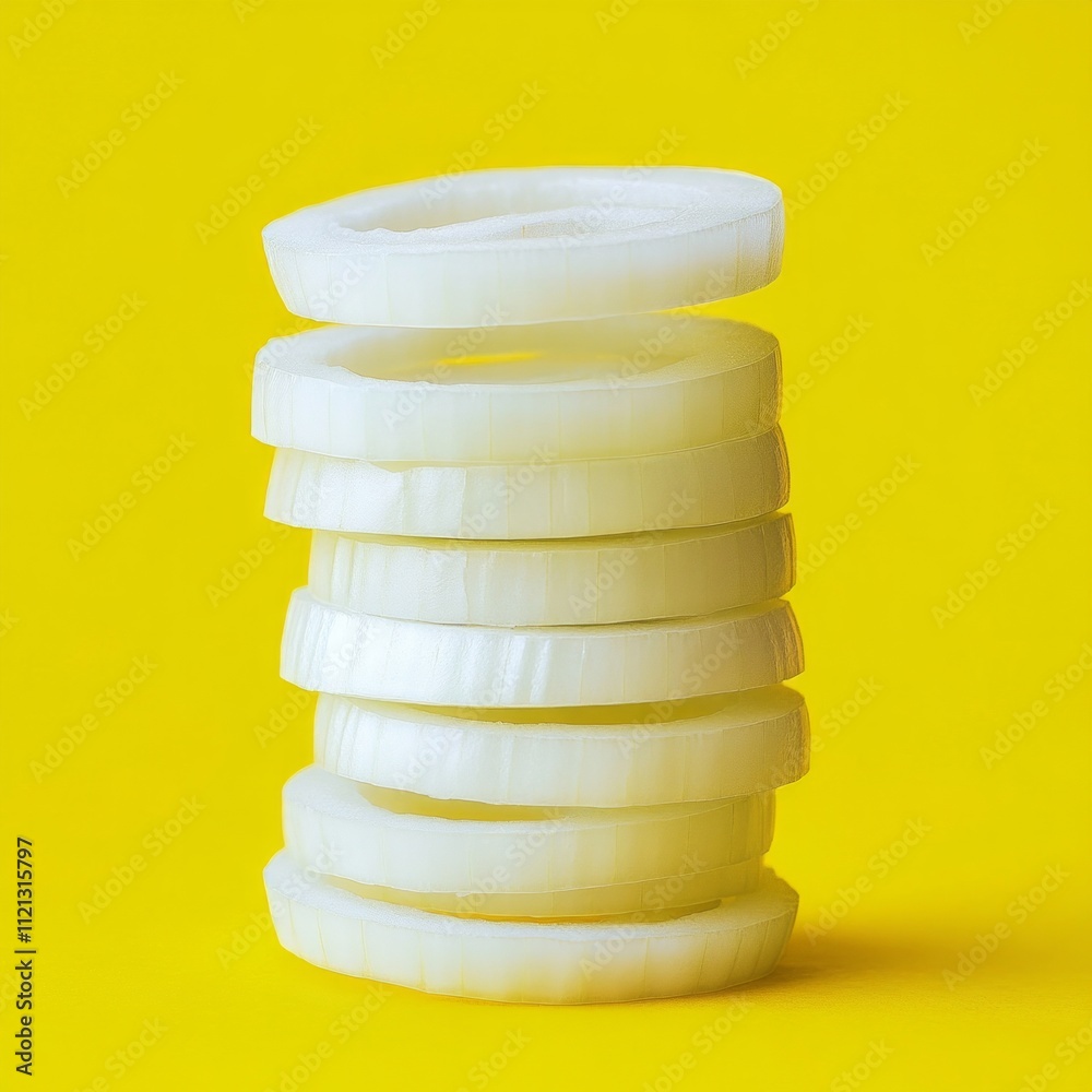 Stack of white onion slices against bright yellow background Stack of white onion slices against bright yellow background