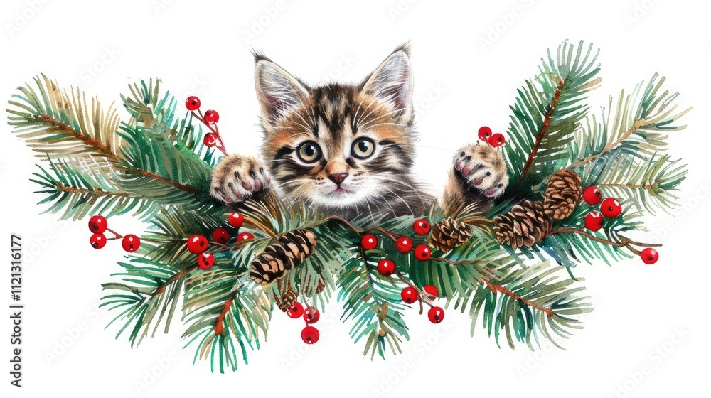 A Christmas wreath with red berries and green pine branches, a cute kitten A Christmas wreath with red berries and green pine branches, a cute kitten