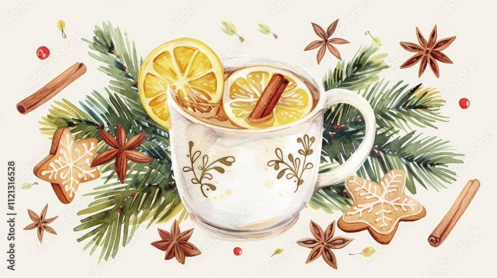 A white enamel mug with lemon and cinnamon inside A white enamel mug with lemon and cinnamon inside