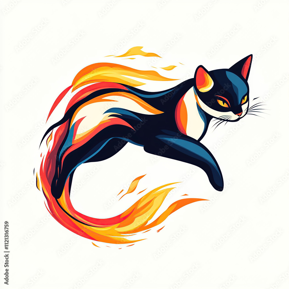 Fiery cat leaping, stylized flames, vibrant colors. Fiery cat leaping, stylized flames, vibrant colors.