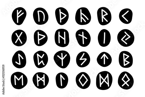 Runes ink black silhouettes, symbols big set, clipart. Scandinavian, celtic druid traditional magic fortune teller device. Simple modern editable design.