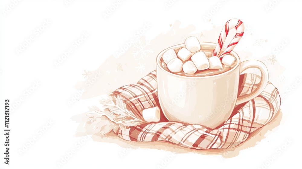 Cozy Setting with Mug of Hot Chocolate Topped with Marshmallows and Candy Cane Cozy Setting with Mug of Hot Chocolate Topped with Marshmallows and Candy Cane