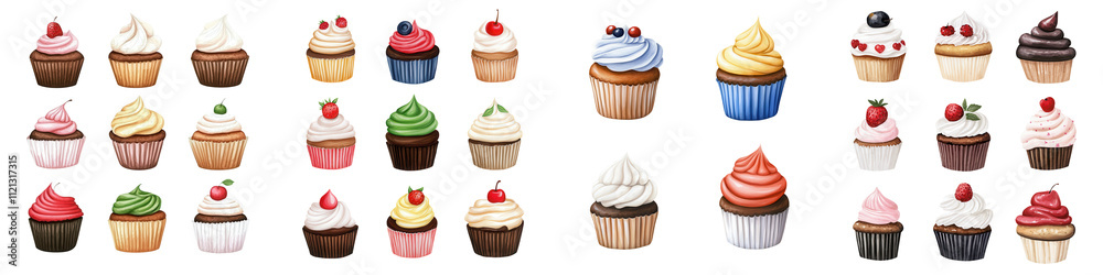 Cute cupcake drawings for parties, featuring various flavors and toppings, isolated on transparent background. Cute cupcake drawings for parties, featuring various flavors and toppings, isolated on transparent background.