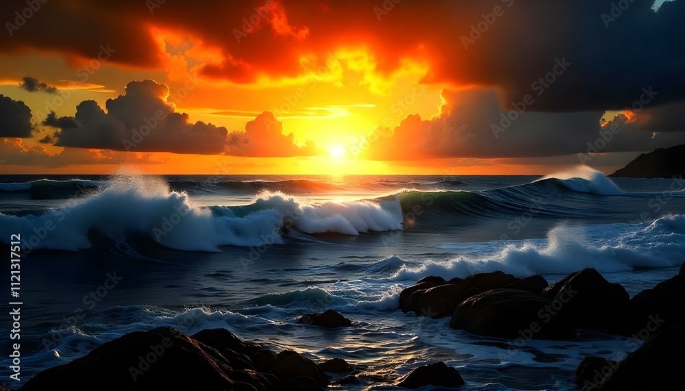 Obraz premium Dramatic orange sunset with waves on the beach