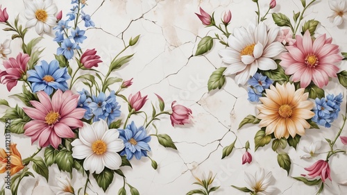 Flowers on the old white wall background, digital wall tiles or wallpaper design