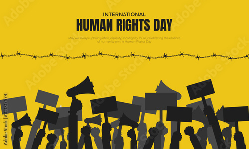 International Human Rights Day, December 10, International Day of Rights Day  Creative Ads. raising hand isolated on Template for background.