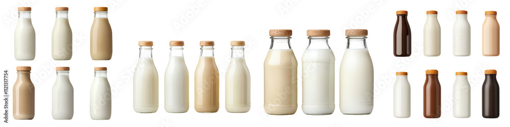 Different styles of baby milk bottles in various colors and sizes, isolated on transparent background. Different styles of baby milk bottles in various colors and sizes, isolated on transparent background.