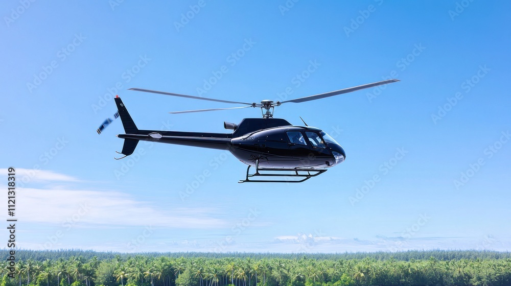 A black helicopter flying over a lush green landscape. A black helicopter flying over a lush green landscape.