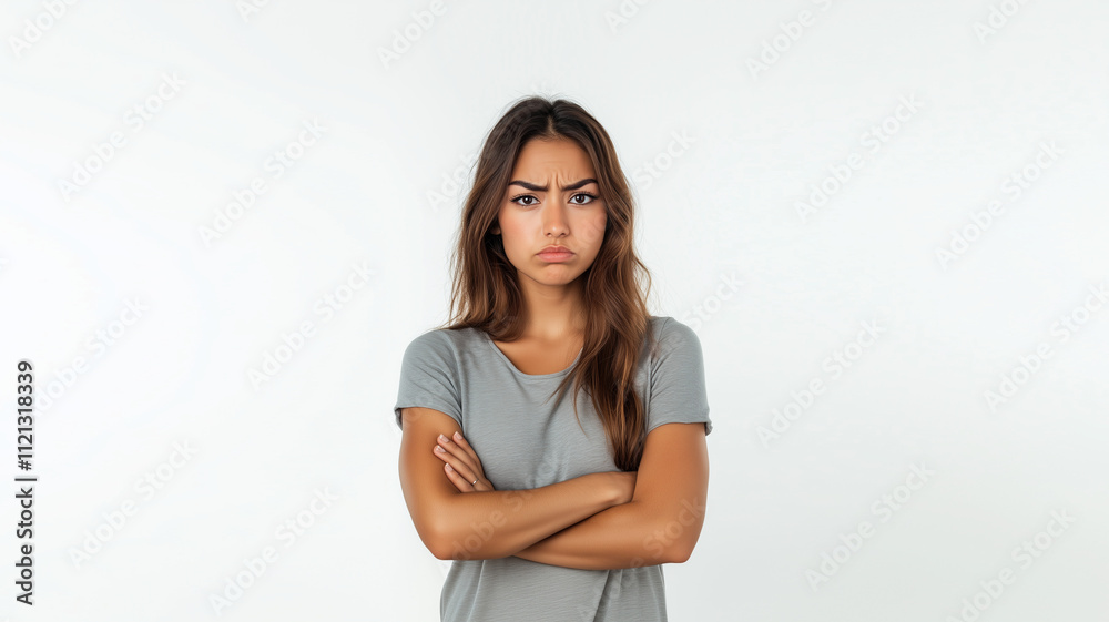 a potrait of a asian american latina woman upset distrubed gesture facial expression with crossed arms hands on white background AI Generate a potrait of a asian american latina woman upset distrubed gesture facial expression with crossed arms hands on white background AI Generate