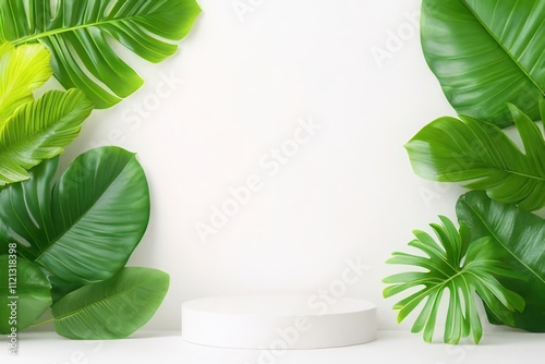 White podium surrounded by lush green tropical leaves on white background. photo