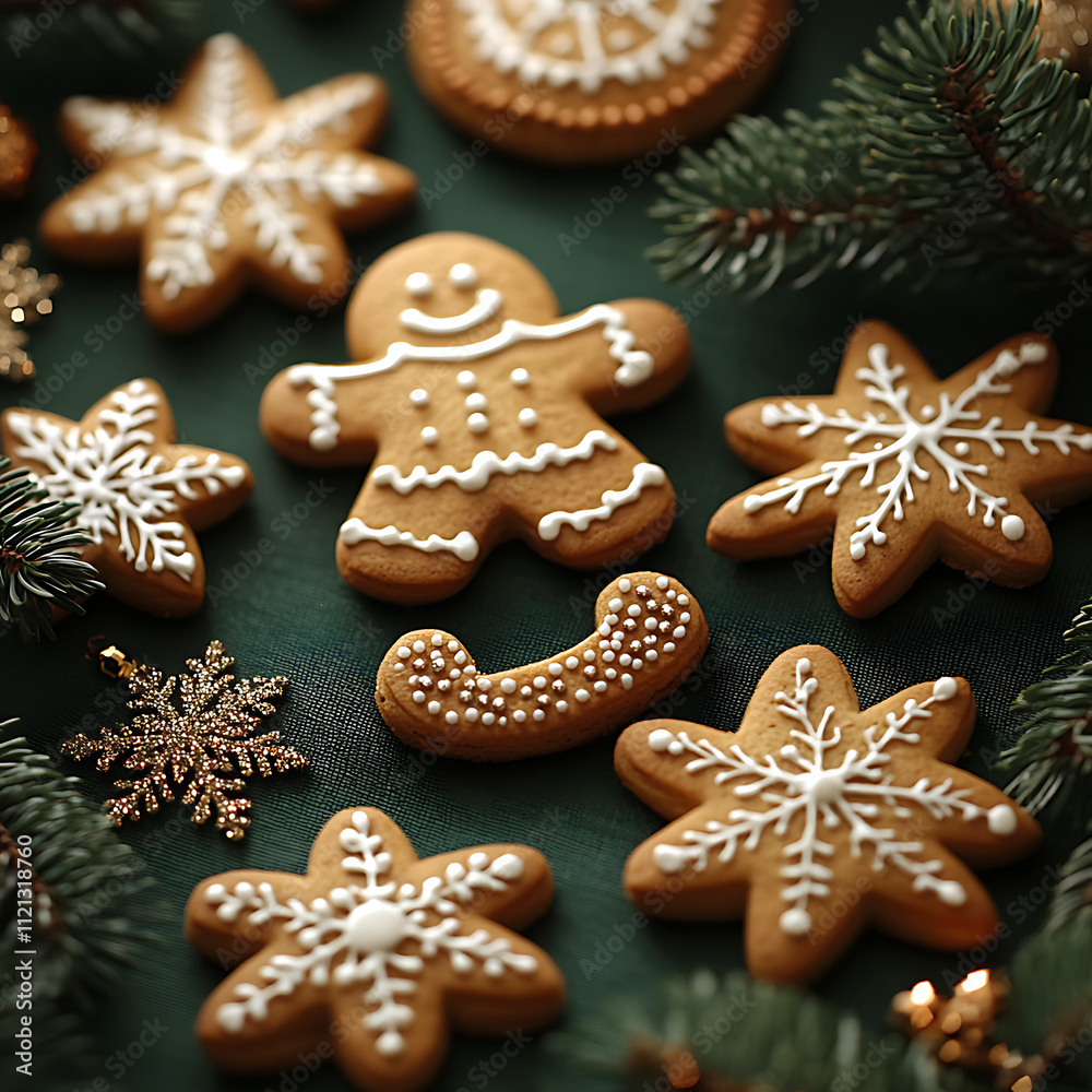 Festive Holiday Arrangement of Decoratively Iced Gingerbread Cookies and Snowflake Shapes Surrounded by Pine Cones and Evergreen Sprigs on a Dark Green Surface Festive Holiday Arrangement of Decoratively Iced Gingerbread Cookies and Snowflake Shapes Surrounded by Pine Cones and Evergreen Sprigs on a Dark Green Surface
