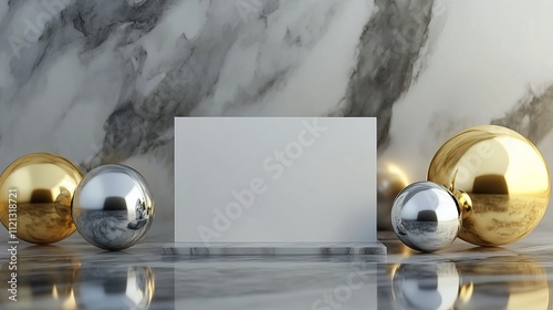 Elegant Presentation on Marble Surface with Gold and Silver Baubles and Blank Card photo