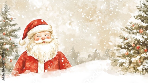 Festive Santa Claus Illustration with Snowy Landscape and Christmas Trees for Holiday Themes