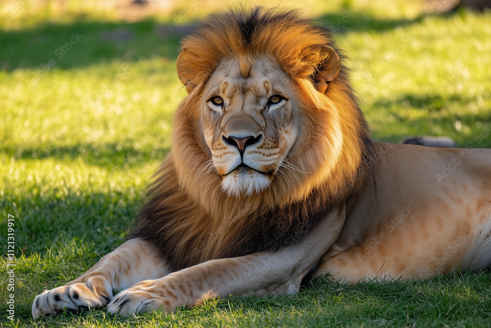 Obraz premium A regal lion resting on a grassy plain, exuding power and calmness under golden sunlight. A symbol of strength and wildlife majesty.