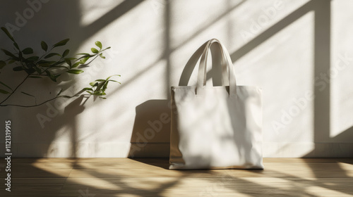 A white bag is sitting on a wooden floor in front of a window