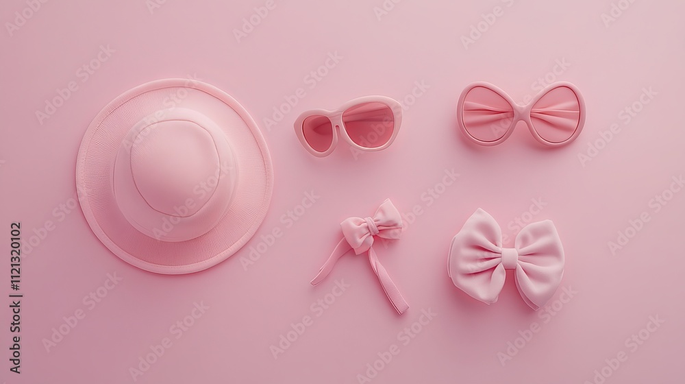 Baby accessories sunglasses and a hat on a pink background Baby accessories sunglasses and a hat on a pink background
