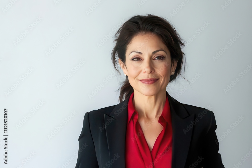 Confident middle-aged businesswoman in red blouse and black blazer smiling at camera against a light grey background. Confident middle-aged businesswoman in red blouse and black blazer smiling at camera against a light grey background.