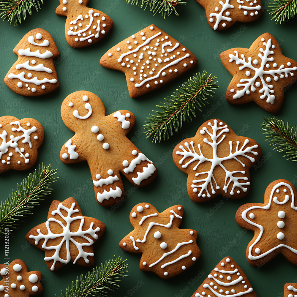 Festive Gingerbread Cookies on Green Background with Icing Decorations and Pine Sprigs for Holiday Treats and Celebratory Events Festive Gingerbread Cookies on Green Background with Icing Decorations and Pine Sprigs for Holiday Treats and Celebratory Events
