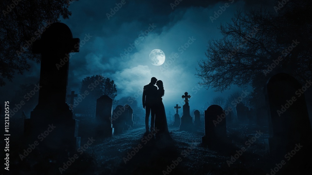 A haunting yet beautiful image of a couple standing together under moonlight in a graveyard, symbolizing eternal connection A haunting yet beautiful image of a couple standing together under moonlight in a graveyard, symbolizing eternal connection