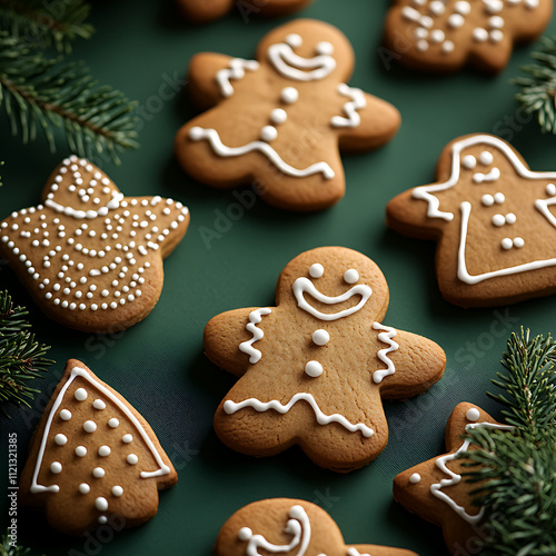 Festive Close-Up of Delicious Holiday Gingerbread Cookies Decorated with Icing and Surrounded by Pine Branches