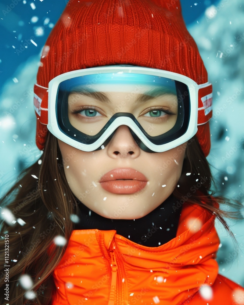 Stylish woman in red wool cap and white ski goggles posing against snowy mountain backdrop Stylish woman in red wool cap and white ski goggles posing against snowy mountain backdrop