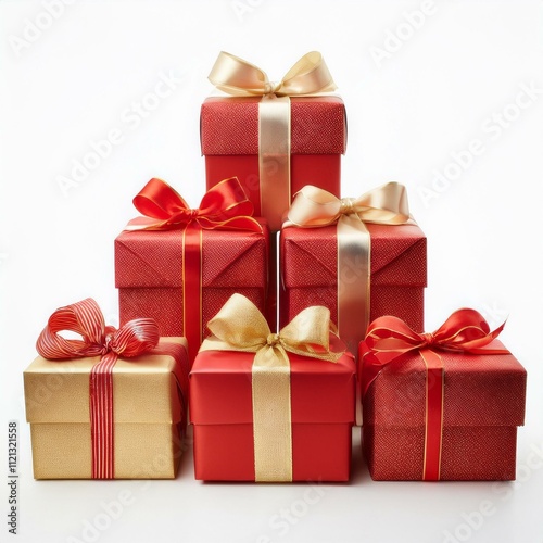 Christmas presents in red and gold wrapping, neatly arranged in a row, isolated on a white background, highlighting their festive charm