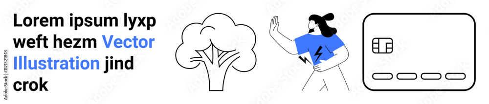 Woman in blue sweater extending arm toward a browser interface, standing by a tree and credit card icon. Ideal for concepts technology, finance, environmental awareness, web development, e-commerce