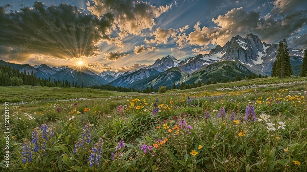 Fototapeta premium Vibrant Wildflowers with Majestic Mountain Peaks at Sunrise.